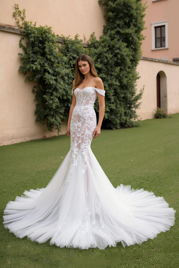 Boho Ivory Mermaid Appliqued Off The Shoulder Wedding Dress